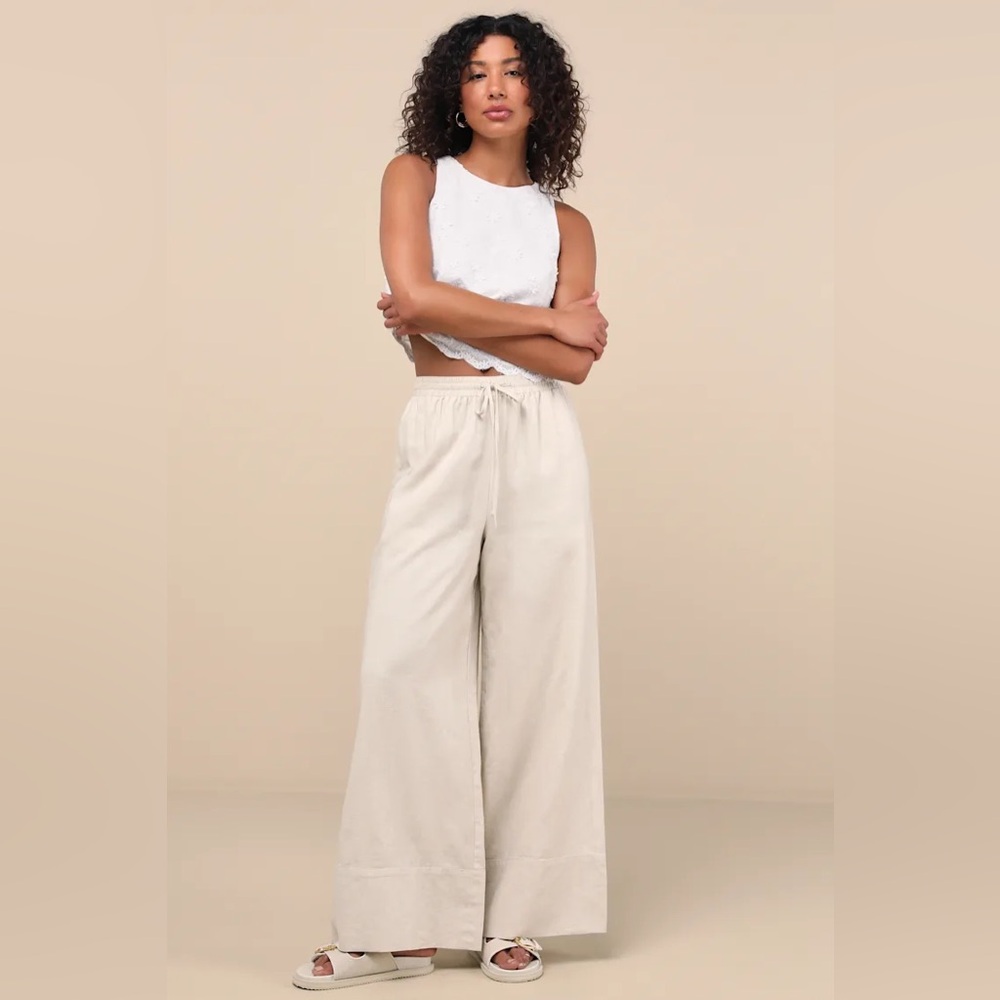 LULUS Brisa Beige Cuffed Wide-Leg Pants